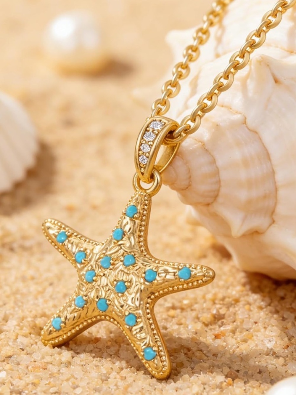 New Anthropologie Gold Starfish Necklace with Turquoise Accents